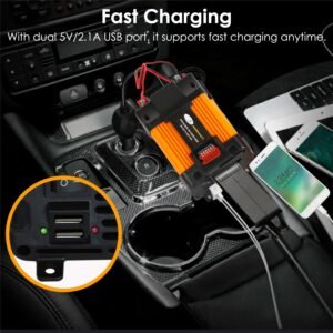 500W Continuous Power Inverter DC 12V To AC 110V Car 4000w Peak Power Inverter w/ Dual 5V 2.1A USB Ports For RV Caravan Truck Laptop - Image 9