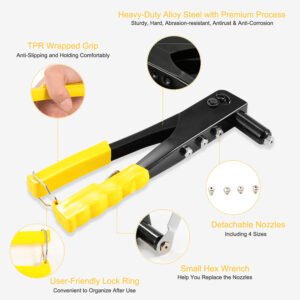 Hand Riveter Pop Rivet Gun 9.5inches Heavy Duty 4 Different Nozzles 1 Wrench Included Riveting Tool - Image 3