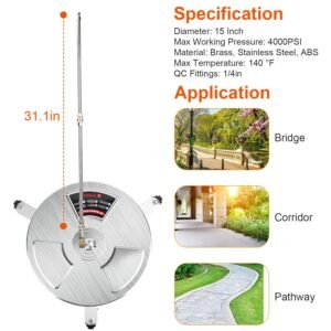 15in High Pressure Washer Flat Surface Cleaner 4000PSI Stainless Steel Disc Power Washer Broom with 3 Wheels 2 Washer Extension Wands 2 Replacement No - Image 9