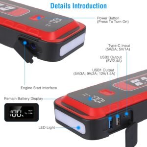Car Jump Starter Booster 2500A Peak 25800mAh Battery Charger Power Bank with 4 Modes LED Flashlight for Up to 6.0L Gas or 3.0L Diesel Engine Car - Image 13
