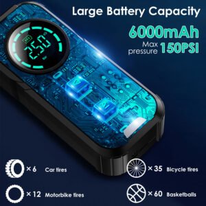 Car Tire Inflator Pump Portable Car Air Compressor Wireless Electric Air Pump 150 PSI with LED Light - Image 6