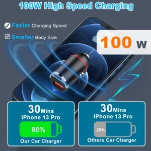 2Pcs 100W USB Type-C Car Charger QC4.0 PD3.0 USB Fast Charging Adapter Dual Port Car Cigarette Lighter Compatible with iPhone14/13/12 IPad Samsung - Image 3