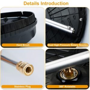 15in High Pressure Flat Surface Cleaner 4000PSI Disc Power Washer Broom w/ 2 Washer Extension Wands 2 x Replacement Nozzles - Image 3