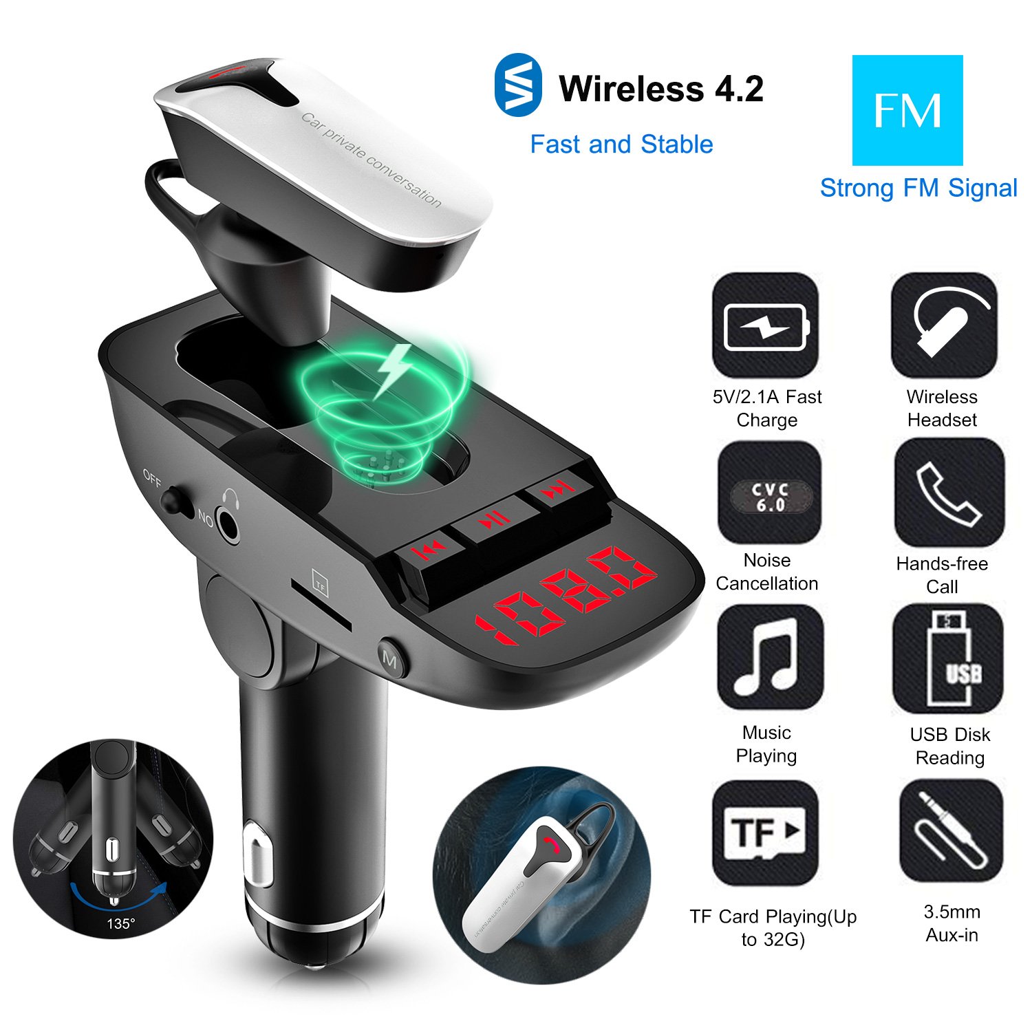 Car FM Transmitter w/ Wireless Earpiece 2 USB Charge Ports Hands-free Call MP3 Player TF Card Aux-in - Image 3