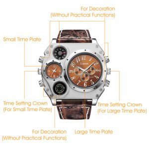 Men?s Quartz Watch Two Time Zone Big Face Military Style Compass Thermometer Decorative Dial PU Leather Strap - Image 12