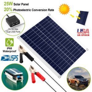 Outdoor Solar Panel 12V 25W Car Battery Charger IP68 Waterproof w/ 3.0A Dual USB Charging Clip Line For RV Car Boat - Image 4