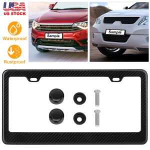 License Plate Frame Rustproof Waterproof Carbon Fiber Black License Plate Frame 2 Holes w/ Bolts Washer Caps for USA/Canada Standard - Image 4