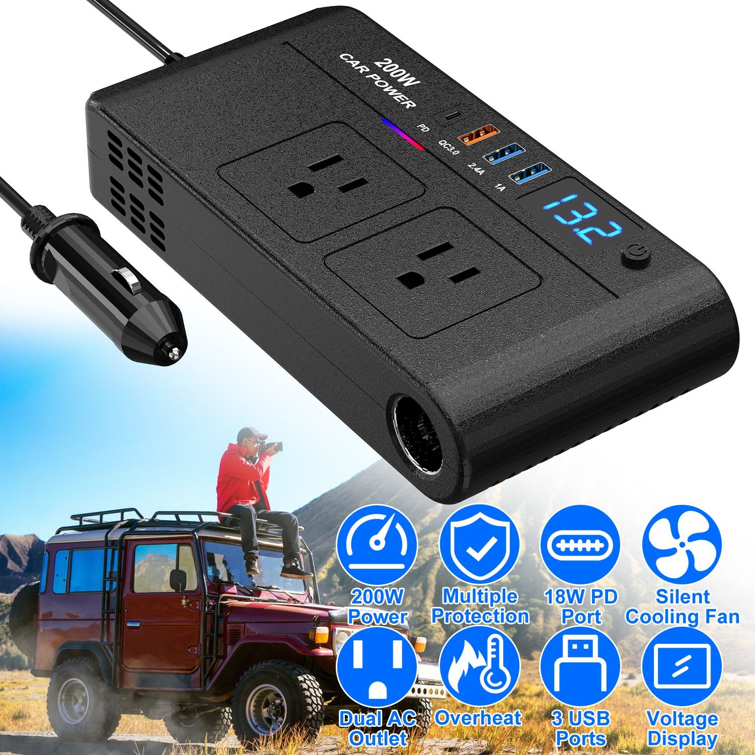 200W 12V Car Inverter DC12V to AC110V Vehicle Power Converter with 2 110V AC Outlets 1 Type-C 3 USB Ports Quick Charge Overheat Protection Voltage Dis - Image 4