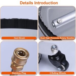 15in High Pressure Washer Flat Surface Cleaner 4000PSI Stainless Steel Disc Power Washer Broom with 3 Wheels 2 Washer Extension Wands 2 Replacement No - Image 8