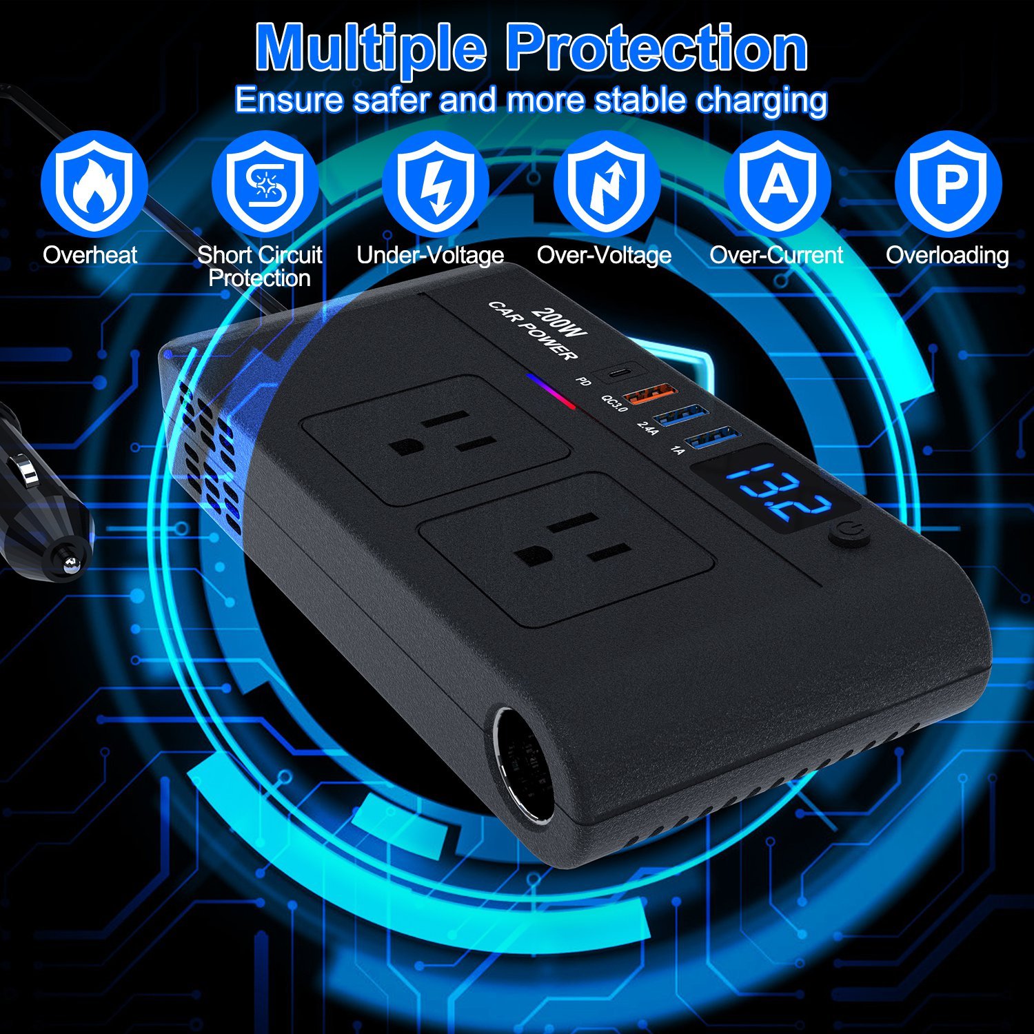 200W 12V Car Inverter DC12V to AC110V Vehicle Power Converter with 2 110V AC Outlets 1 Type-C 3 USB Ports Quick Charge Overheat Protection Voltage Dis - Image 10
