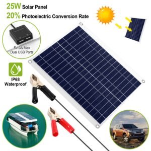 Outdoor Solar Panel 12V 25W Car Battery Charger IP68 Waterproof w/ 3.0A Dual USB Charging Clip Line For RV Car Boat - Image 5