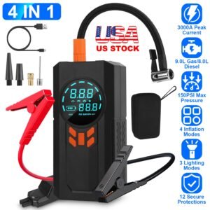 3000A 150PSI 12V Portable Jump Starter with Air Compressor 9.0L Gas/8.0L Diesel Jumper Box with 3 Light Modes Power Bank LCD Display - Image 5