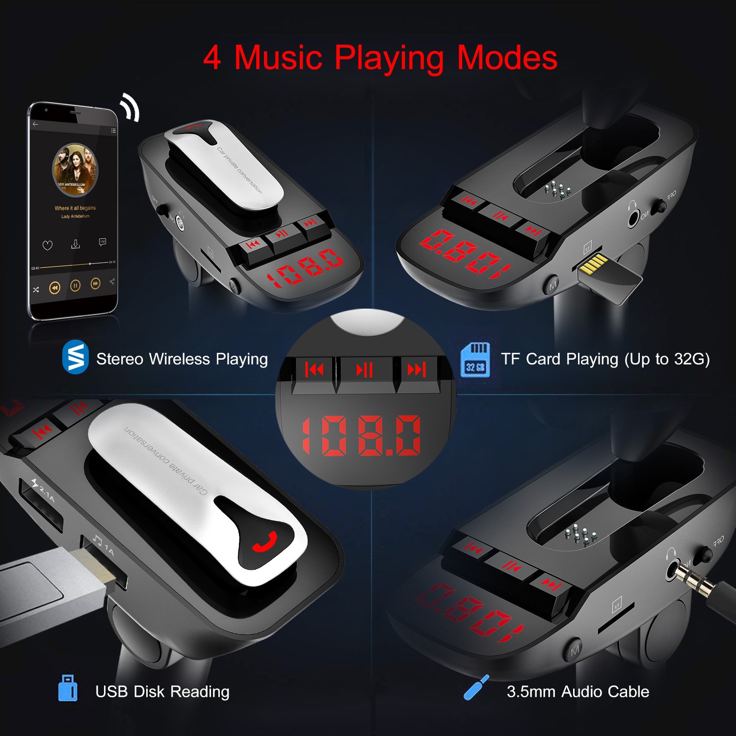 Car FM Transmitter w/ Wireless Earpiece 2 USB Charge Ports Hands-free Call MP3 Player TF Card Aux-in - Image 5