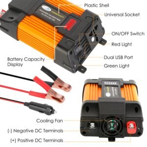 500W Continuous Power Inverter DC 12V To AC 110V Car 4000w Peak Power Inverter w/ Dual 5V 2.1A USB Ports For RV Caravan Truck Laptop - Image 8