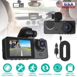 3 Channel Dash Cam Front Inside Rear Vehicle Driving Recorder Car DVR with 32G MMC Card G Sensor Motion Detection Parking Monitor Loop Recording - Image 7