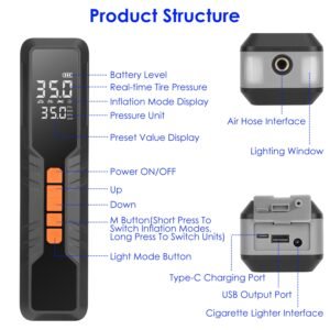 150PSI Portable Tire Inflator Cordless Digital Air Compressor Compact Air Pump with 5 Inflation Modes 3 Light Modes Emergency Power Bank - Image 14