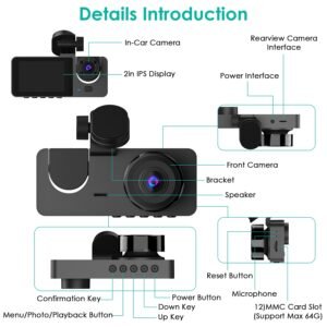 3 Channel Dash Cam Front Inside Rear Vehicle Driving Recorder Car DVR with 32G MMC Card G Sensor Motion Detection Parking Monitor Loop Recording - Image 9