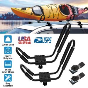 Title: 1 Pair Universal J-Bar Kayak Carrier 220LBS Load Heavy Duty Canoe Car Top Mount Carrier Roof Rack w/ 2Pcs Tie Down Straps - Image 2