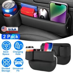 2 Pack Car Seat Gap Filler Organizer Car Leather Cup Holder Gap Bag Universal Car Seat Storage Black for Placing Keys Cards Phones Drinks Lipstick - Image 5