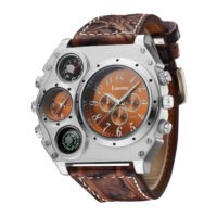 Men?s Quartz Watch Two Time Zone Big Face Military Style Compass Thermometer Decorative Dial PU Leather Strap