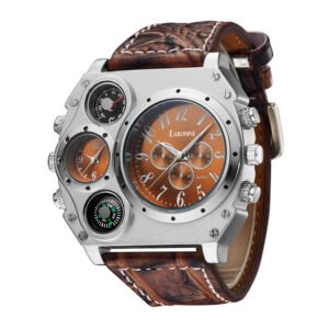 Men?s Quartz Watch Two Time Zone Big Face Military Style Compass Thermometer Decorative Dial PU Leather Strap