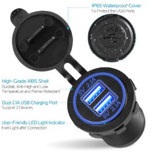 1Pc 2 USB Charger 12-24V Car Cigarette Lighter Socket Splitter Dual USB 2.1A Outlet Car Charger IP65 waterproof for Car Boat Marine Mobile - Image 5
