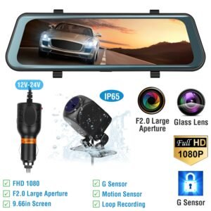 FHD 1080P Car DVR Dash Camera 9.66In Vehicle Driving Recorder w/ G Sensor Parking Monitoring Seamless Recording - Image 2