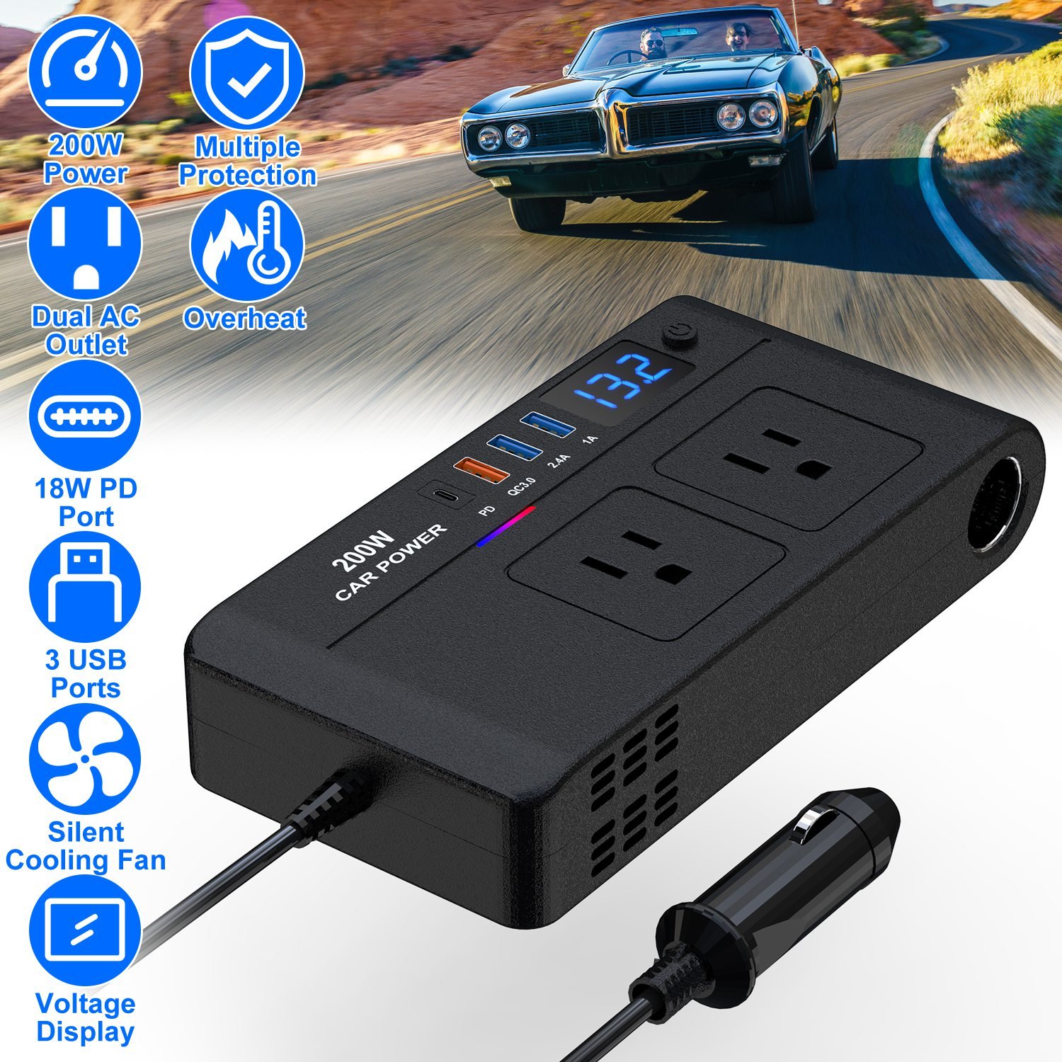 200W 12V Car Inverter DC12V to AC110V Vehicle Power Converter with 2 110V AC Outlets 1 Type-C 3 USB Ports Quick Charge Overheat Protection Voltage Dis - Image 2