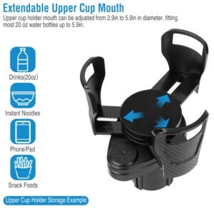 2 In 1 Car Cup Holder Extender Adapter 360? Rotating Dual Cup Mount Organizer Holder For Most 20 oz Up To 5.9" Coffee Drinking Bottles Key Glass Stora - Image 7