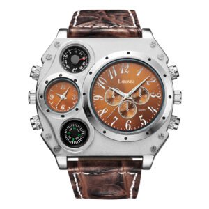 Men?s Quartz Watch Two Time Zone Big Face Military Style Compass Thermometer Decorative Dial PU Leather Strap - Image 3