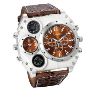 Men?s Quartz Watch Two Time Zone Big Face Military Style Compass Thermometer Decorative Dial PU Leather Strap - Image 4