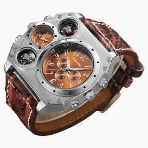 Men?s Quartz Watch Two Time Zone Big Face Military Style Compass Thermometer Decorative Dial PU Leather Strap - Image 6