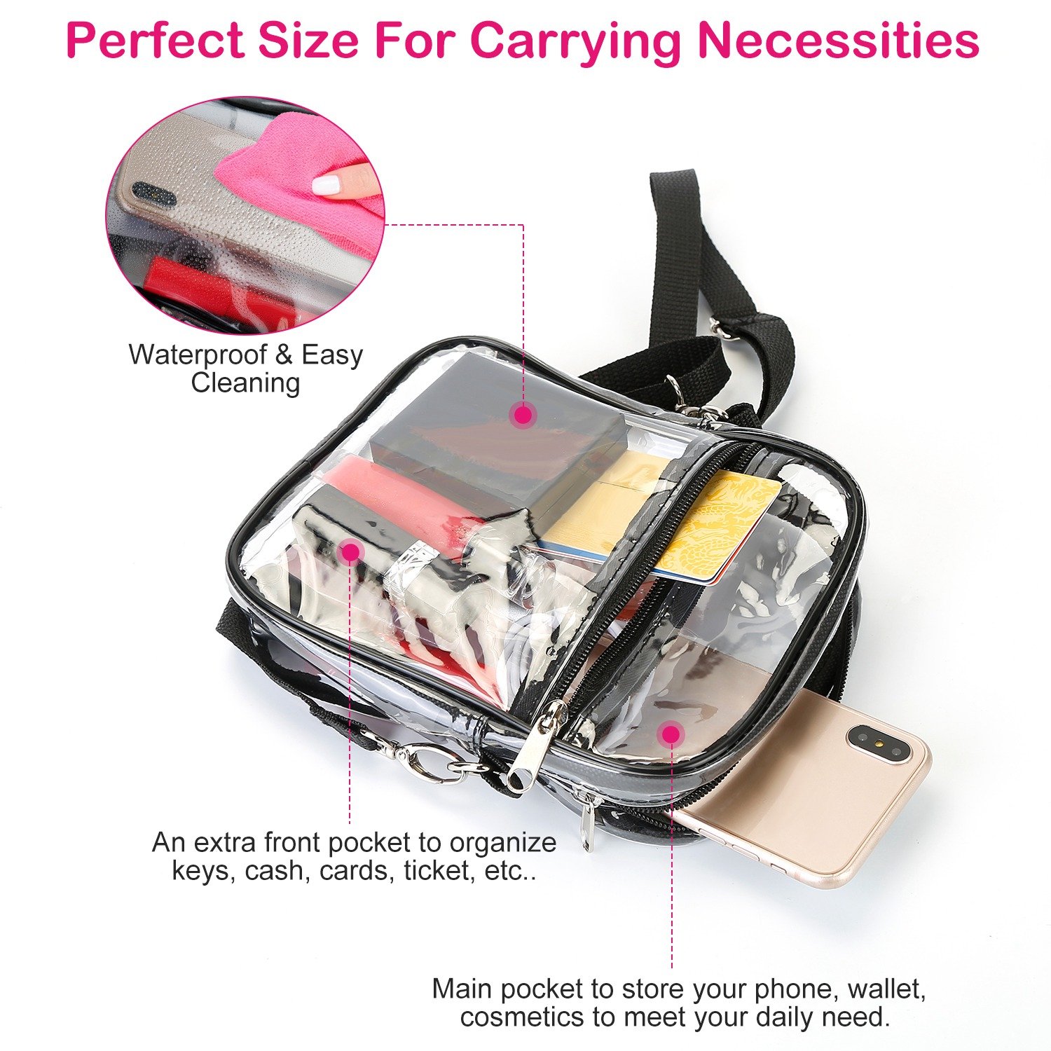 Clear Crossbody Bag Stadium Approved Clear Purse Transparent Small Shoulder Bag See Through Zip Pouch Tote Bag Handbag 44OZ w/ Adjustable Strap - Image 10