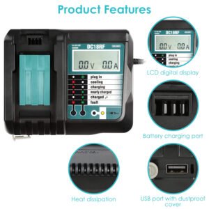 Rapid Charger Replacement Fit for Makita 14.4-18V Battery BL1860 BL1830 BL1850 with
LCD Display USB Port - Image 8