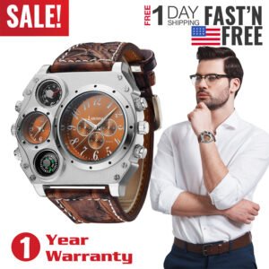 Men?s Quartz Watch Two Time Zone Big Face Military Style Compass Thermometer Decorative Dial PU Leather Strap - Image 2