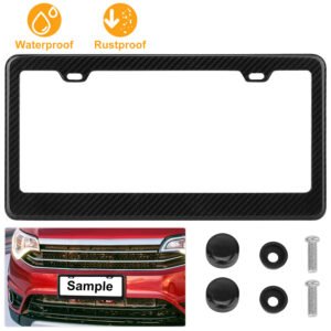 License Plate Frame Rustproof Waterproof Carbon Fiber Black License Plate Frame 2 Holes w/ Bolts Washer Caps for USA/Canada Standard - Image 3