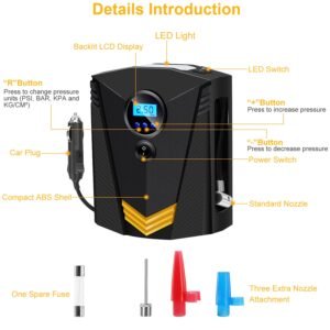 Tire Inflator 12V DC 100W 150PSI Digital Tire Pump w/LCD Display Electric Air Compressor Pump 20L/Min Air Flow - Image 8