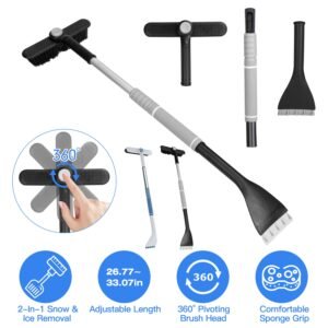 2 In 1 Ice Scraper Extendable Car Snow Brush Telescopic Snow Removal Tool Automobile Snow Shovel Frost Removal with 360? Pivoting Brush Head Sponge Gr - Image 3