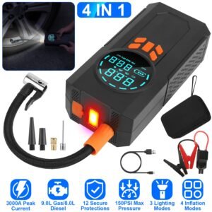 3000A 150PSI 12V Portable Jump Starter with Air Compressor 9.0L Gas/8.0L Diesel Jumper Box with 3 Light Modes Power Bank LCD Display - Image 6