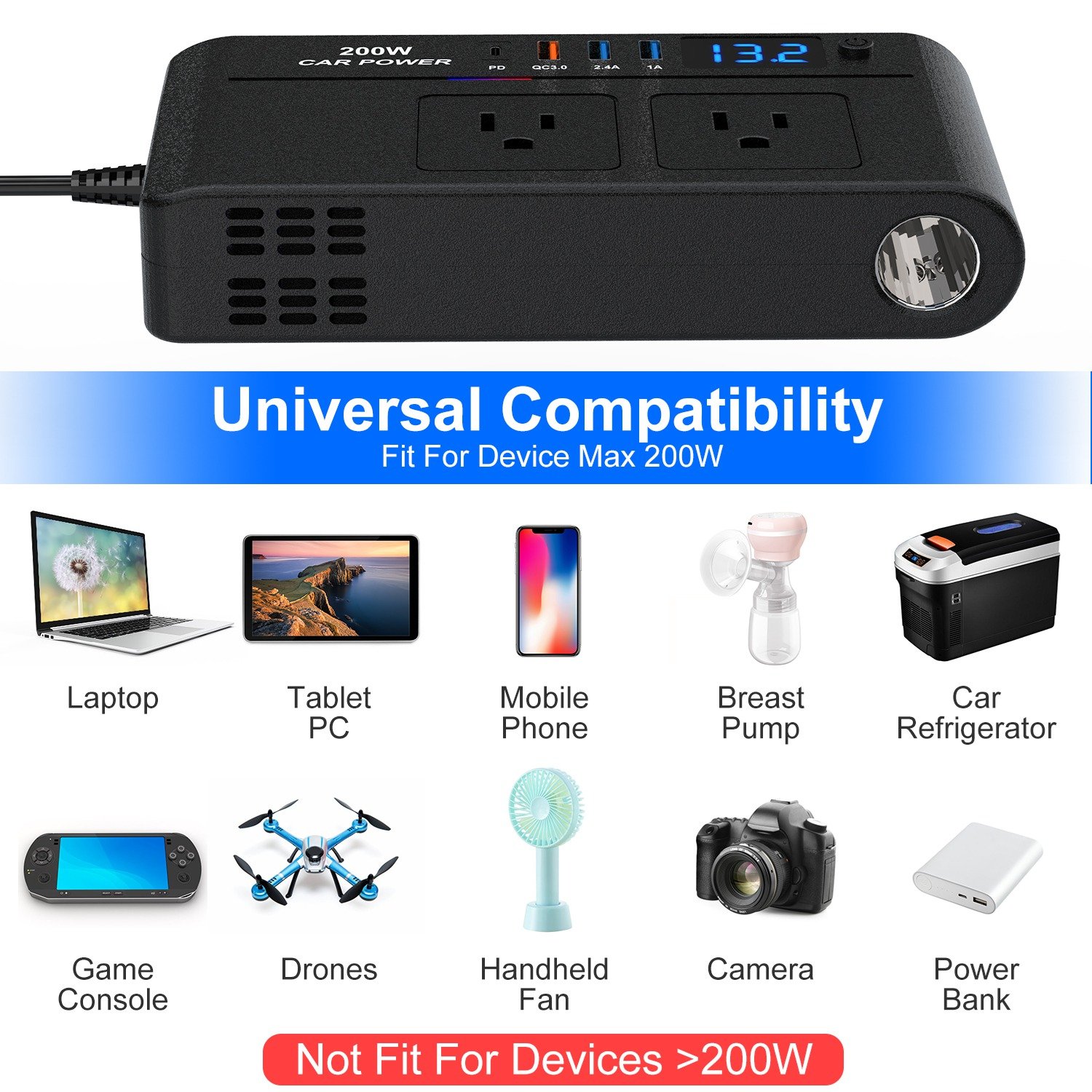 200W 12V Car Inverter DC12V to AC110V Vehicle Power Converter with 2 110V AC Outlets 1 Type-C 3 USB Ports Quick Charge Overheat Protection Voltage Dis - Image 7