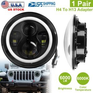 2 X 7" 6000LM Round LED Headlight Halo Angel Eyes for Jeep Wrangler TJ JK CJ w/H4 to H13 Adapter Plug and Play - Image 4