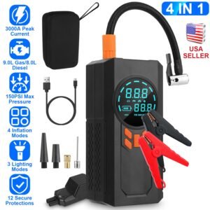 3000A 150PSI 12V Portable Jump Starter with Air Compressor 9.0L Gas/8.0L Diesel Jumper Box with 3 Light Modes Power Bank LCD Display - Image 3
