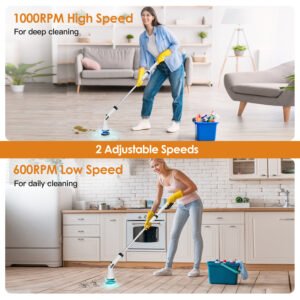 Electric Spin Scrubber Cordless Handheld Rechargeable Cleaning Brush with 4 Replaceable Heads 600/1000RPM Speeds 26/50in Length 20V/2.0Ah Battery for - Image 8