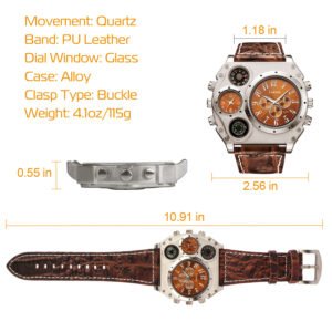 Men?s Quartz Watch Two Time Zone Big Face Military Style Compass Thermometer Decorative Dial PU Leather Strap - Image 10