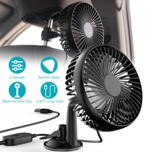 Car Cooling Fan Portable Rotatable USB Vehicle Fan Backseat Clip Fan Dashboard Window Suction Fan for SUV RV Pickup with 3 Speeds - Image 2