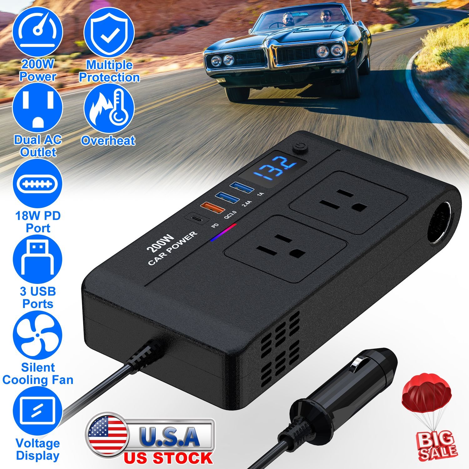 200W 12V Car Inverter DC12V to AC110V Vehicle Power Converter with 2 110V AC Outlets 1 Type-C 3 USB Ports Quick Charge Overheat Protection Voltage Dis - Image 3