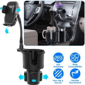 2 In 1 Car Cup Phone Holder Automotive Drink Holder with 360? Rotating Gooseneck Phone Mount Adjustable Base Fit for Most Phones Cups Vehicles - Image 2