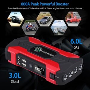 Car Jump Starter Booster 800A Peak 28000mAh 12V Battery Charger (Up to 6.0L Gas or 3.0L Diesel Engine) w/ LCD Screen 4 Modes LED Flashlight - Image 2
