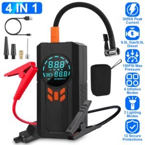 3000A 150PSI 12V Portable Jump Starter with Air Compressor 9.0L Gas/8.0L Diesel Jumper Box with 3 Light Modes Power Bank LCD Display - Image 4