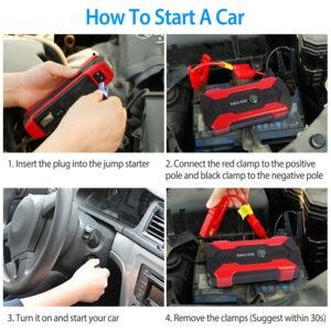 Car Jump Starter Booster 800A Peak 28000mAh 12V Battery Charger (Up to 6.0L Gas or 3.0L Diesel Engine) w/ LCD Screen 4 Modes LED Flashlight - Image 10